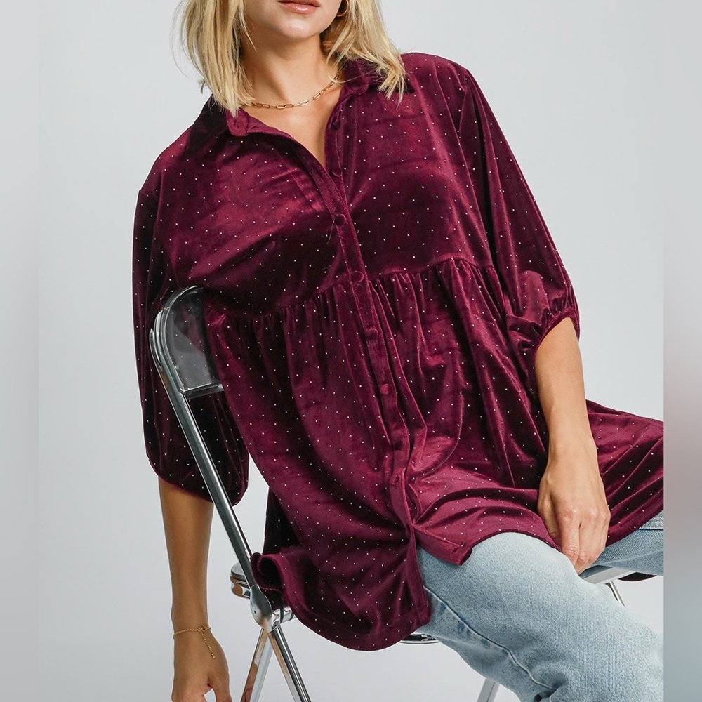 NWT Umgee PLUS + REG Size Red Polka Dot Button Down Babydoll Style Shirt Top - Picture 5 of 6